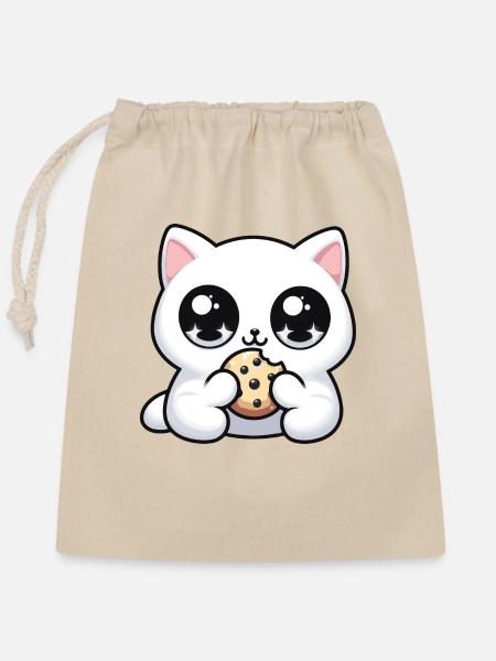 Chat kawaii mignon avec biscuit Cadeaux mignons - Sac cadeau en coton avec cordon (25 x 30 cm) - nature