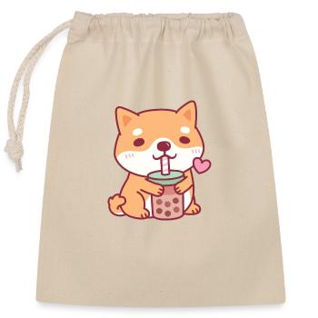 Cute Shiba Inu Dog Loves Bubble Tea - Closable cotton gift bag (25x30cm) - nature - Front