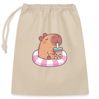 Niedliches Wasserschwein auf Pool schwimmt Bubble Tea - Verschließbarer Geschenkbeutel aus Baumwolle (25x30cm) - Natur - Vorne