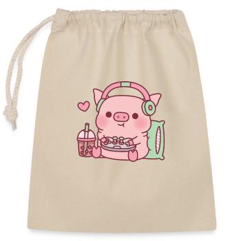 Cute Gamer Pig Loves Playing Video Games - Closable cotton gift bag (25x30cm) - nature - Front