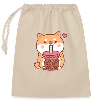 Niedlicher molliger Shiba Inu-Hund liebt Bubble Tea - Verschließbarer Geschenkbeutel aus Baumwolle (25x30cm) - Natur - Vorne
