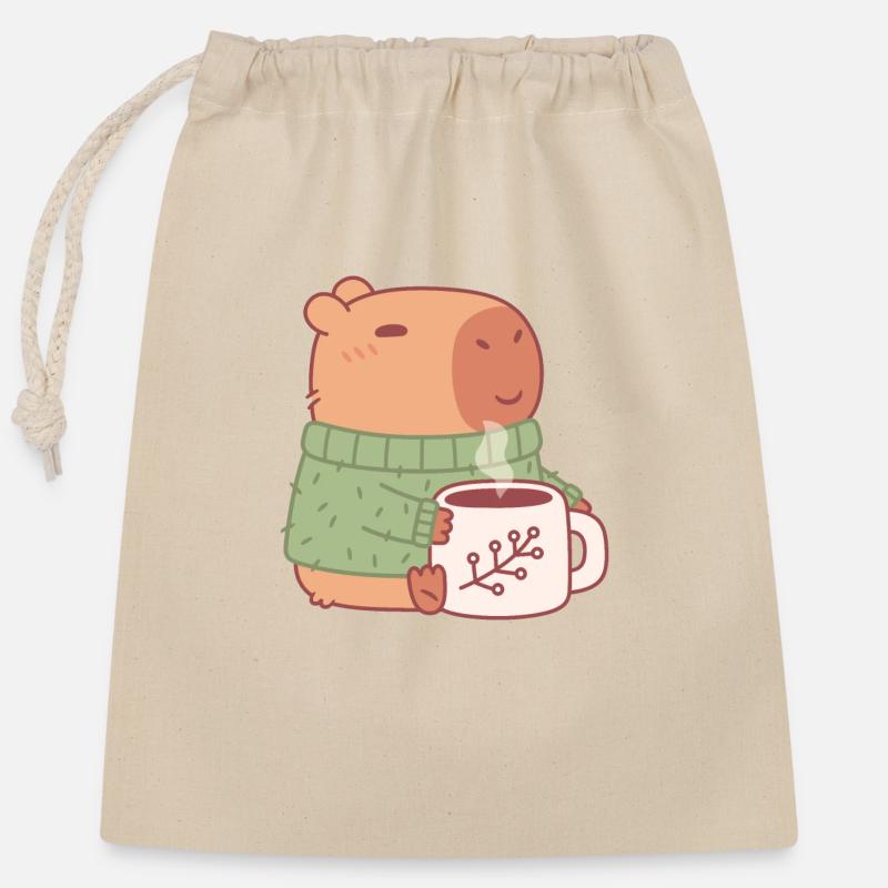 Süßes Capybara im Pullover mit heißem Kaffee - Verschließbarer Geschenkbeutel aus Baumwolle (25x30cm) - Natur
