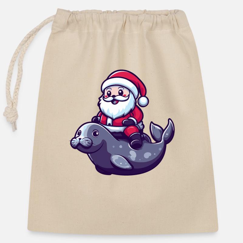 Robbe Tier Weihnachtsmann Cartoon - Verschließbarer Geschenkbeutel aus Baumwolle (25x30cm) - Natur