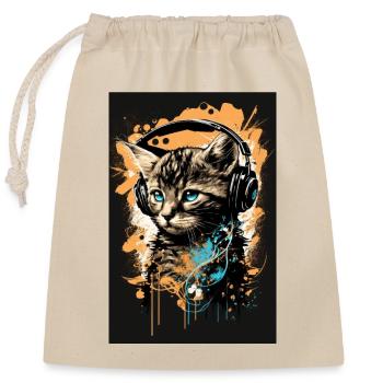 Katze Headphones Kopfhörer Musik - Verschließbarer Geschenkbeutel aus Baumwolle (25x30cm) - Natur - Vorne