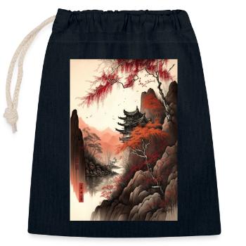 Paysage chinois Rouge Noir Temple à l’encre - Sac cadeau en coton avec cordon (25 x 30 cm) - bleu marine - Devant