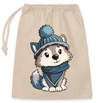 Cute wolf with scarf and bobble hat. - Closable cotton gift bag (25x30cm) - nature - Front