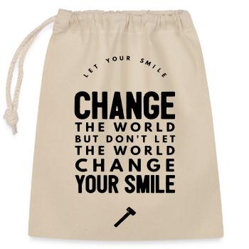 Citation « Sourire Change The World » - Sac cadeau en coton avec cordon (25 x 30 cm) - nature - Devant