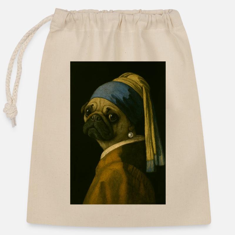 Carlin avec boucle d’oreille en perle dans le style de Mona-Lisa - Sac cadeau en coton avec cordon (25 x 30 cm) - nature