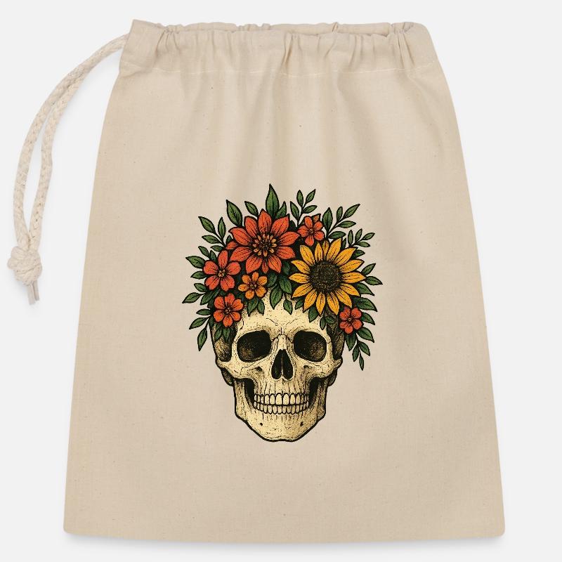 Blumiger Schädel - Verschließbarer Geschenkbeutel aus Baumwolle (25x30cm) - Natur