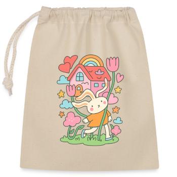 Maison de poupée lapin pastel en fleurs - Sac cadeau en coton avec cordon (25 x 30 cm) - nature - Devant