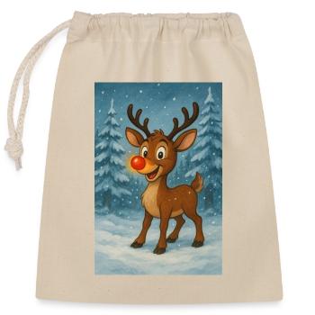 Rentier mit roter Nase im Winterwald - Verschließbarer Geschenkbeutel aus Baumwolle (25x30cm) - Natur - Vorne