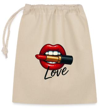 Kiss Lips with Lipstick and Love Font - Closable cotton gift bag (25x30cm) - nature - Front