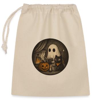 Gemütliches Halloween Szenario mit Geist u Kürbis - Verschließbarer Geschenkbeutel aus Baumwolle (25x30cm) - Natur - Vorne