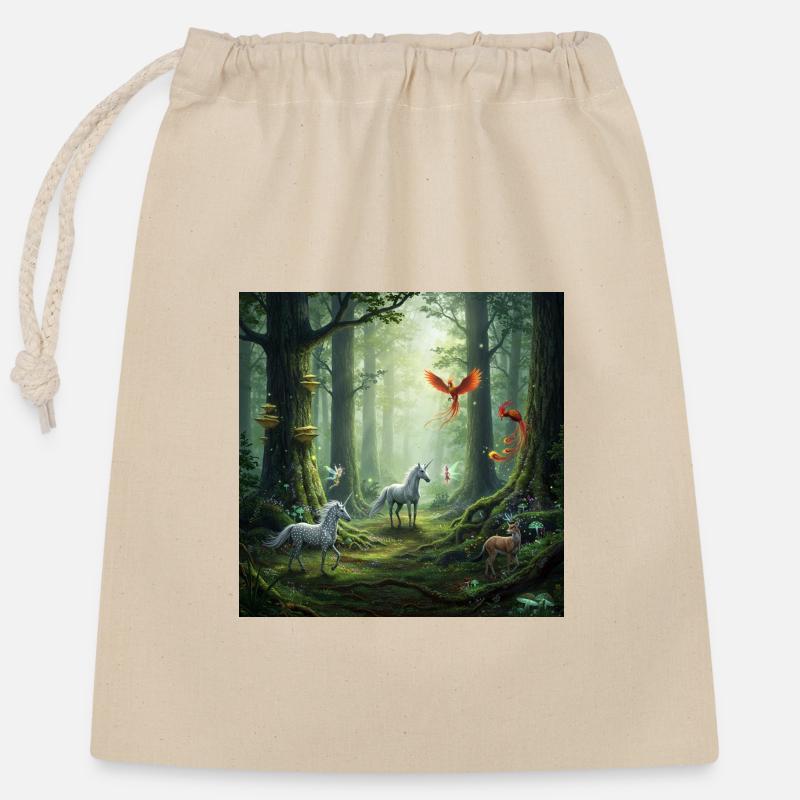 Conte de fées Forêt Licorne Scène de phénix - Sac cadeau en coton avec cordon (25 x 30 cm) - nature