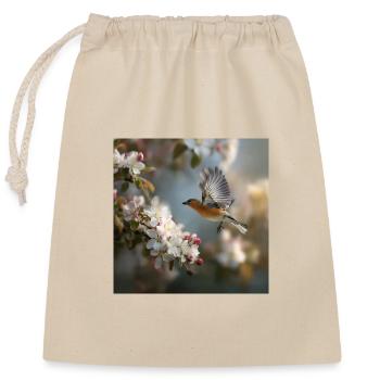 Frühlingssperling im Blütenflug - Verschließbarer Geschenkbeutel aus Baumwolle (25x30cm) - Natur - Vorne