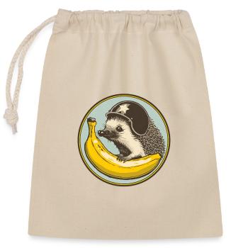 Hedgehog with helmet motif and banana - Closable cotton gift bag (25x30cm) - nature - Front