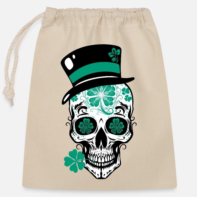 Sugar Skull St Patrick's Day - Closable cotton gift bag (25x30cm) - nature