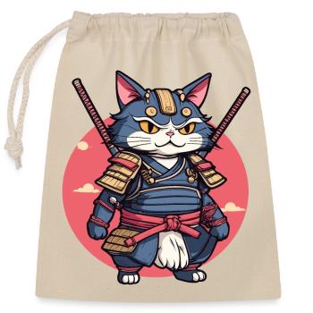 Samurai-Katze #2 - Verschließbarer Geschenkbeutel aus Baumwolle (25x30cm) - Natur - Vorne