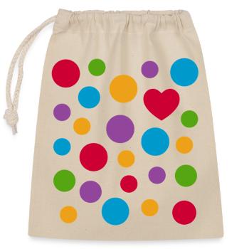 Spotty Dots Heart T-Shirt – Bunt gefleckte Liebe - Verschließbarer Geschenkbeutel aus Baumwolle (25x30cm) - Natur - Vorne