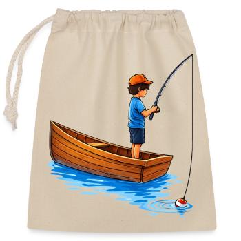 Illustration de garçon pêchant en bateau - Sac cadeau en coton avec cordon (25 x 30 cm) - nature - Devant