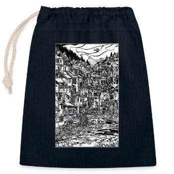 Scène complexe de village à l’encre - Sac cadeau en coton avec cordon (25 x 30 cm) - bleu marine - Devant