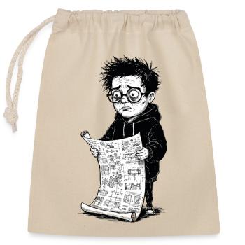 Trauriger Junge, der schwarze Zeitung weiß liest - Verschließbarer Geschenkbeutel aus Baumwolle (25x30cm) - Natur - Vorne