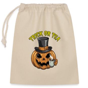 Trick or Tea lustiger Halloweenkürbis mit Teetasse - Verschließbarer Geschenkbeutel aus Baumwolle (25x30cm) - Natur - Vorne