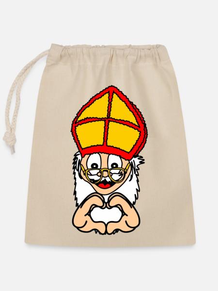 Sinterklaas mit Handgestenherz - Verschließbarer Geschenkbeutel aus Baumwolle (25x30cm) - Natur