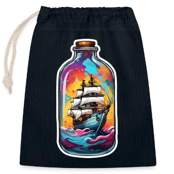 Navire dans une bouteille / Message dans une bouteille / Ahoy / ancre - Sac cadeau en coton avec cordon (25 x 30 cm) - bleu marine - Devant
