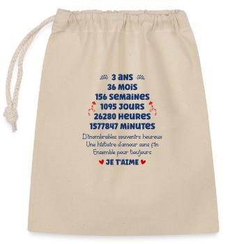 Anniversaire mariage 3 ans - Sac cadeau en coton avec cordon (25 x 30 cm) - nature - Devant