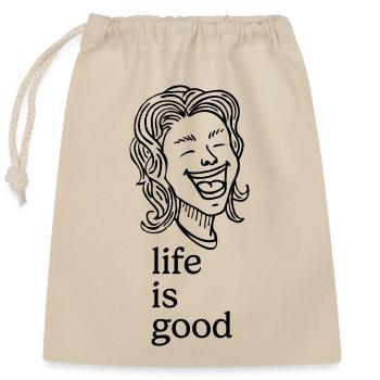 Lachender Mensch – life is good - Verschließbarer Geschenkbeutel aus Baumwolle (25x30cm) - Natur - Vorne
