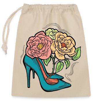 High Heels Schuhe mit Rosenblüte. Romantischer Stil. - Verschließbarer Geschenkbeutel aus Baumwolle (25x30cm) - Natur - Vorne