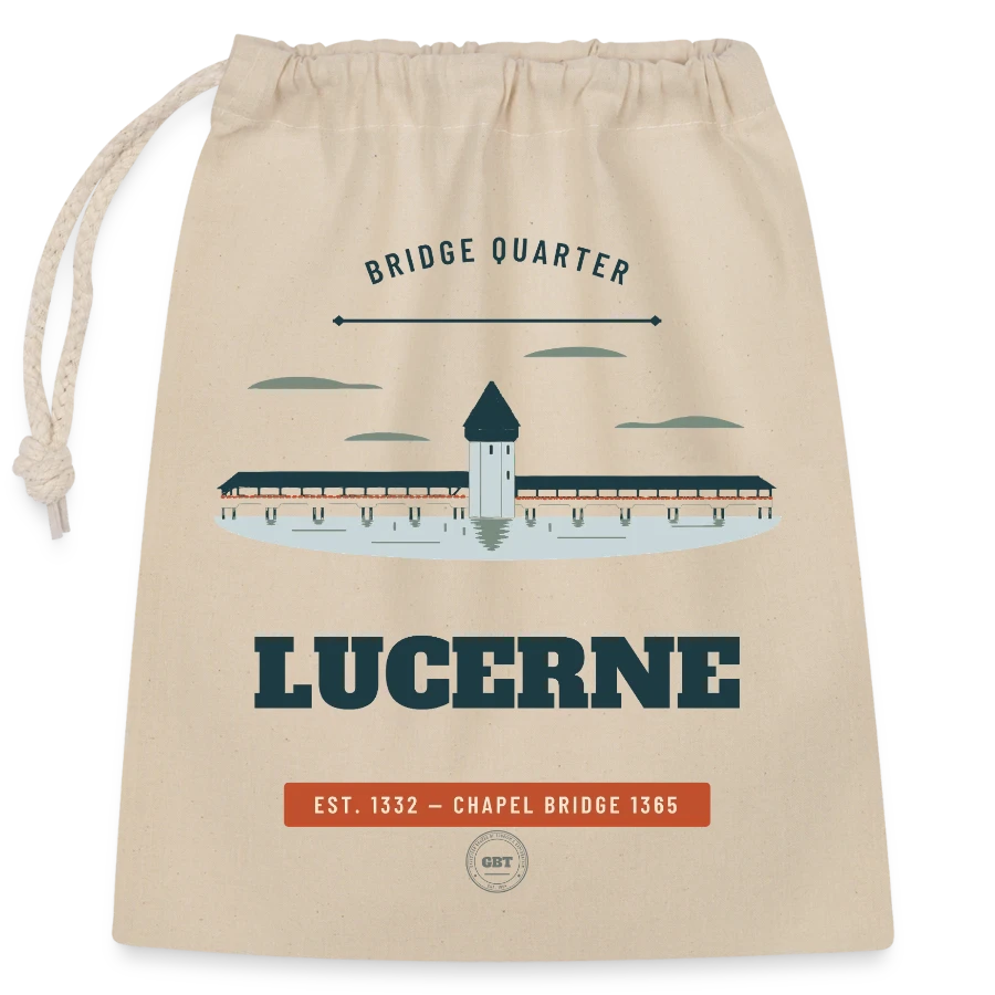 Lucerne badge on a closable cotton gift bag (25x30cm), nature