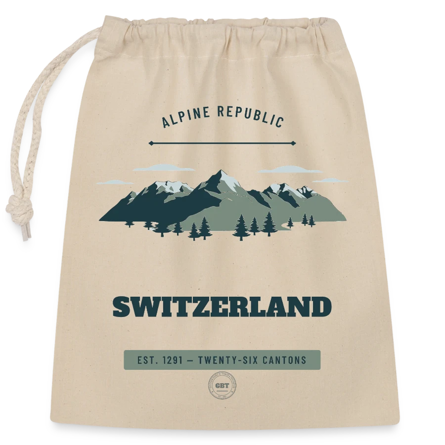 Switzerland badge on a closable cotton gift bag (25x30cm), nature