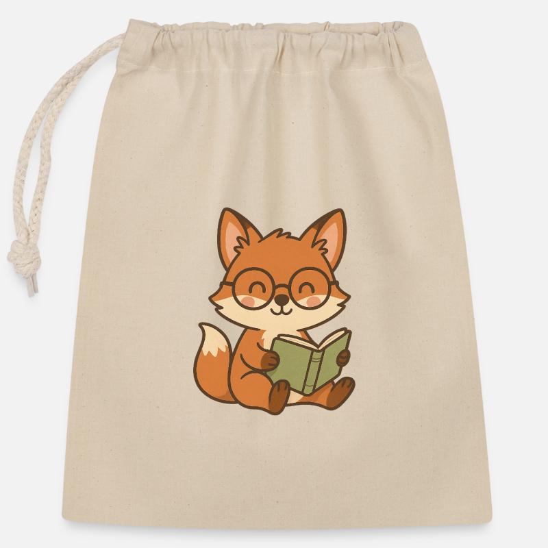 Cute fox book reader illustration - Closable cotton gift bag (25x30cm) - nature