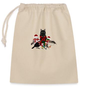 Merle Robin Hibou Canard avec Chat Noël - Sac cadeau en coton avec cordon (25 x 30 cm) - nature - Devant