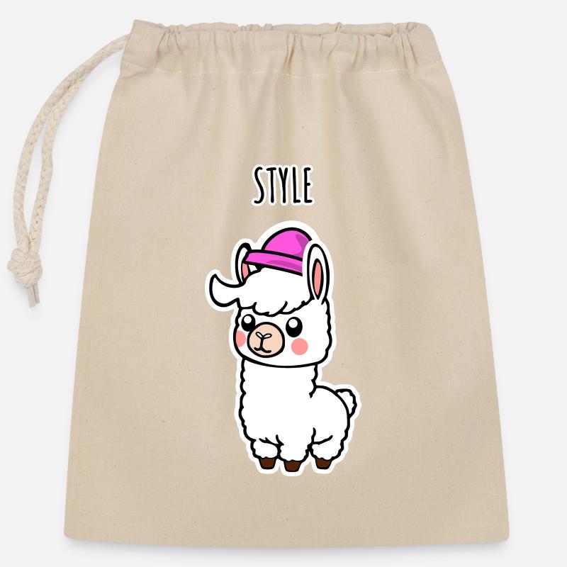 Llama STYLE! Cute little llama with hat - Closable cotton gift bag (25x30cm) - nature