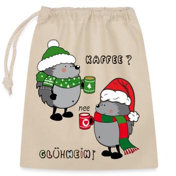 Hérisson au café ou au vin chaud, Noël - Sac cadeau en coton avec cordon (25 x 30 cm) - nature - Devant