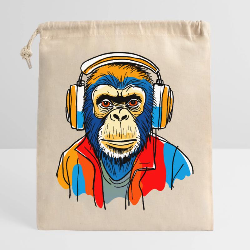 Singe avec casque Sac cadeau en coton avec cordon (25 x 30 cm)