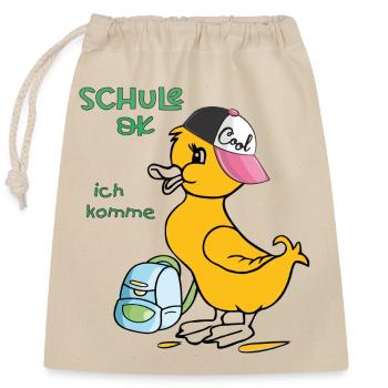 Schule ok, ich komme Einschulung - Verschließbarer Geschenkbeutel aus Baumwolle (25x30cm) - Natur - Vorne