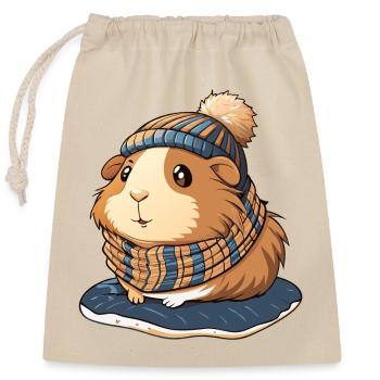 Niedliches Meerschwein mit Schal und Pudelmütze. - Verschließbarer Geschenkbeutel aus Baumwolle (25x30cm) - Natur - Vorne