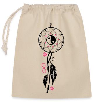 Dreamcatcher with feather, flutes, infinity symbol - Closable cotton gift bag (25x30cm) - nature - Front