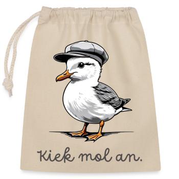Mouette « Kiek mol an » avec dicton en bas allemand - Sac cadeau en coton avec cordon (25 x 30 cm) - nature - Devant