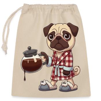 Funny Pug Dog Coffee Lover in Robe - Closable cotton gift bag (25x30cm) - nature - Front