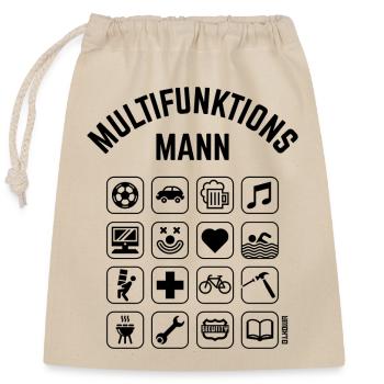 Multifunktions Mann (16 Icons / Smartphone / PNG) - Verschließbarer Geschenkbeutel aus Baumwolle (25x30cm) - Natur - Vorne