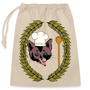 Laurel Wreath Gourmet Chef Cat Wooden Spoon Hunger - Closable cotton gift bag (25x30cm) - nature - Front