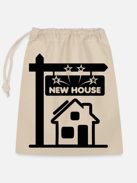 Transparentes Logo-Schild neues Haus " - Verschließbarer Geschenkbeutel aus Baumwolle (25x30cm) - Natur