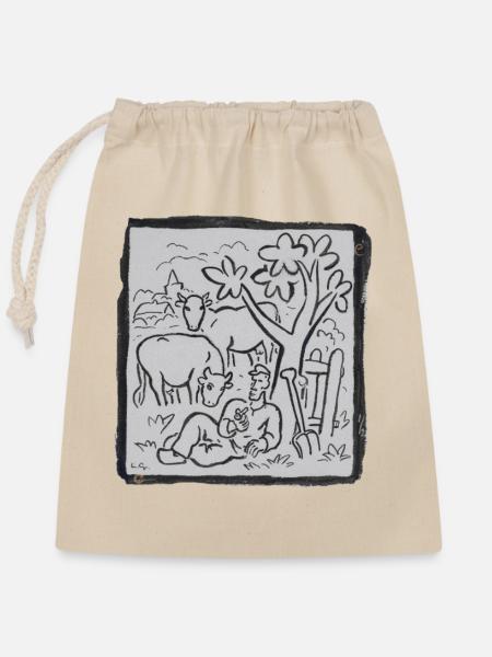 Farmer_Resting_with_Cows_Linocut_Art - Verschließbarer Geschenkbeutel aus Baumwolle (25x30cm) - Natur