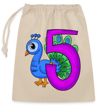 5 years old - 5th birthday - Peacock bird motif - Closable cotton gift bag (25x30cm) - nature - Front
