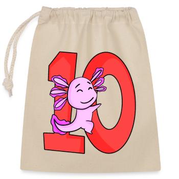 10 Jahre alt - 10. Geburtstag - Axolotl Motiv - Verschließbarer Geschenkbeutel aus Baumwolle (25x30cm) - Natur - Vorne